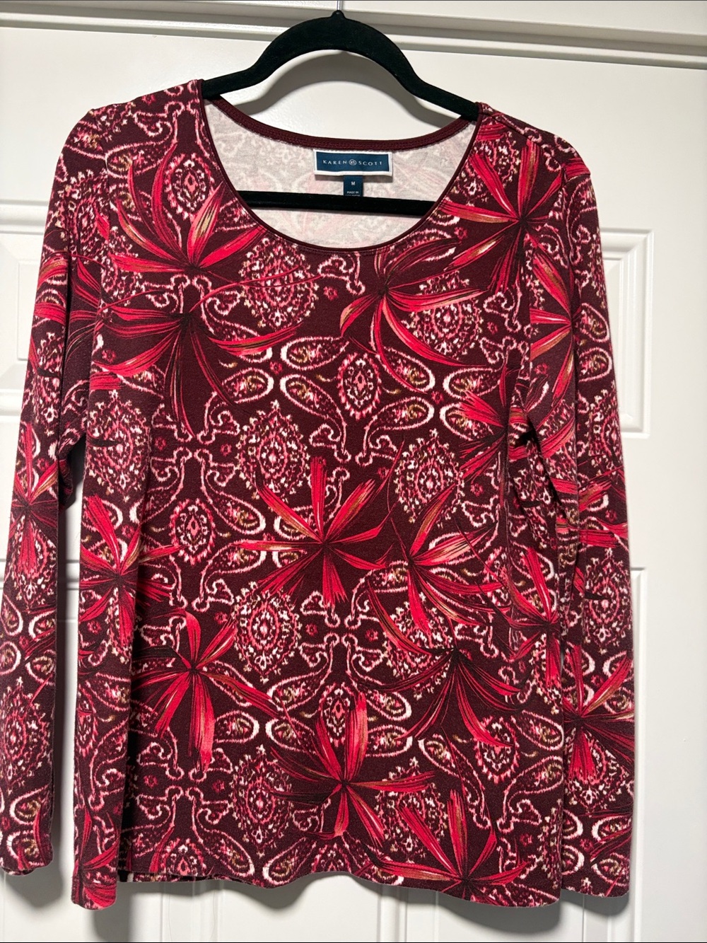 Karen Scott Burgundy Red Paisley Floral Long Sleeve Top. Size M Like New!